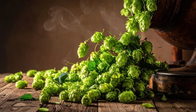 Fresh hop cones piled on rustic wooden table.