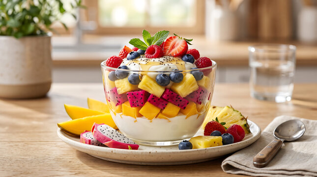 Delicious and vibrant tropical fruit parfait with creamy yogurt, chia seeds, and a drizzle of golden honey, perfect for a healthy breakfast or refreshing snack in a modern kitchen setting