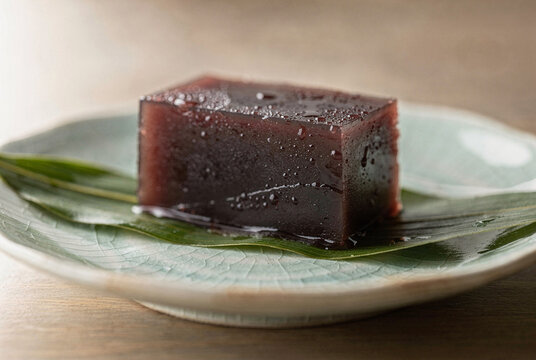 Chilled Japanese Mizu Yokan Dessert with Water Droplets