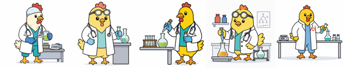 Set of vector illustrations of a chicken conducting an experiment. © Jefri Syahputra BKL