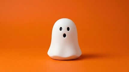 Fototapeta premium A cute little white ghost figurine isolated on a bright orange background for a happy halloween celebration