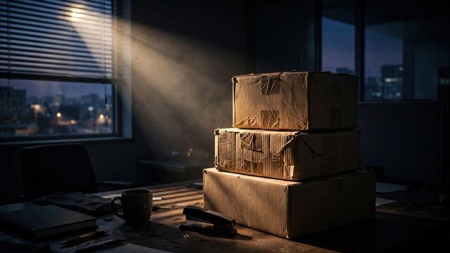 Mysterious Stack of Cardboard Boxes in Dimly Lit Room with Dramatic Light Rays.