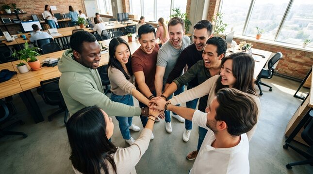 Diverse business team stacking hands in office. Colleagues showing unity and cooperation.