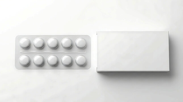 White medicine blister pack with ten round pills and a blank packaging box for branding.