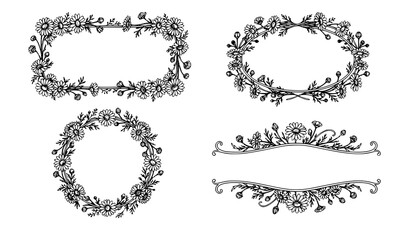 Fototapeta premium Title: Hand Drawn Daisy Flower Frame Line Art Vector with Botanical Sketch Outline Banner Set