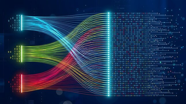 Big data sorting and fiber optic transfer visualization with binary code streams representing high speed digital communication networks