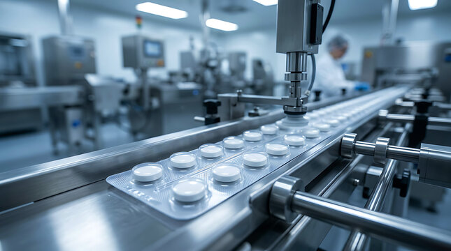 White pills in blister packs moving along a metal conveyor belt in a modern factory plant.