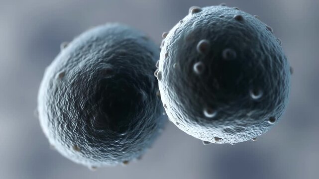 Close up 3d animation of spherical microbial structures rotating in space with highlighting intricate surface details depth scientific context