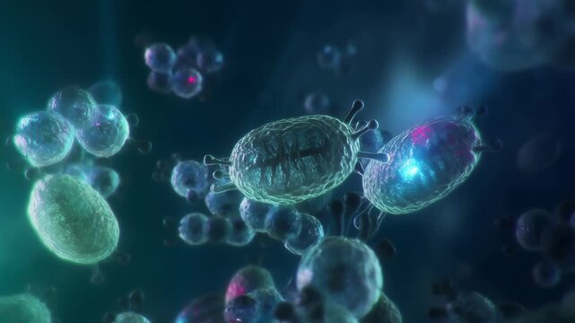 Microscopic bacteria cells floating in glowing blue liquid environment with showcases animated microscopic subtle internal coloration drifting through luminous