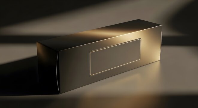 Sleek dark gold gift box with embossed rectangle detail on reflective surface showcasing luxury product packaging.