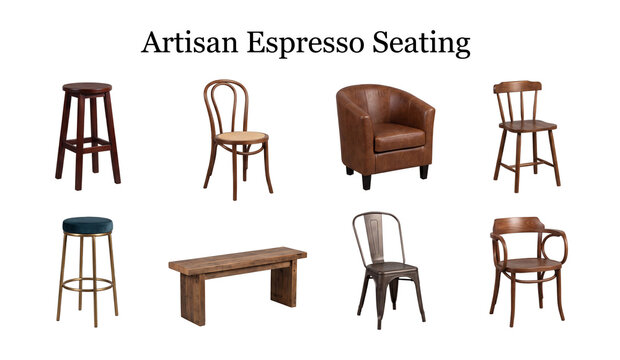 Artisan espresso seating collection set with wooden bistro chairs leather tub armchair and brass bar stool realistic objects isolated on transparent