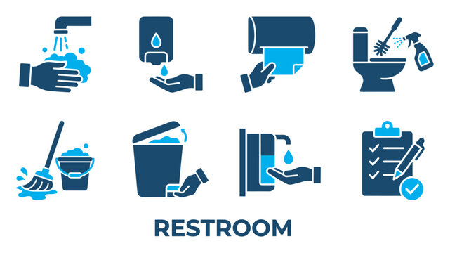 Restroom hygiene icons showing hand washing toilet cleaning and waste disposal.