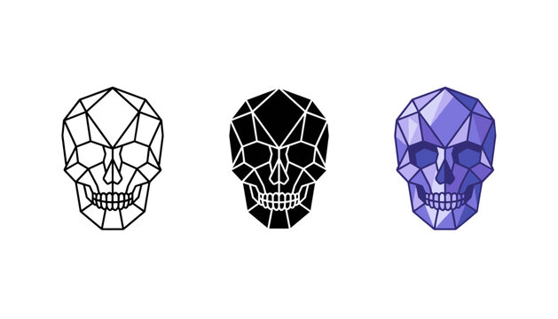 Three stylized human skull faces with different artistic effects side by side