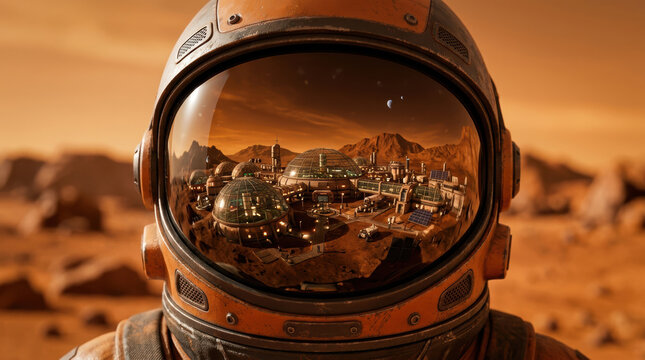 Space exploration astronaut helmet reflection Mars colony desert landscape futuristic habitat