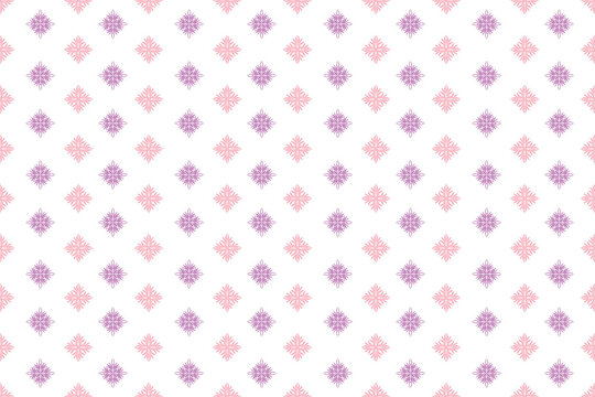 Elegant seamless geometric floral pattern with delicate pink and purple ornamental motifs on a white background. Minimal repeating surface design ideal for fabric, textile, wallpaper, wrapping paper, 