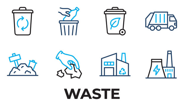 Waste management recycling icons illustrate garbage disposal environmental protection and trash removal.