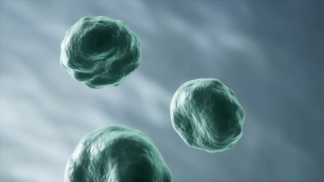 Floating microbial spherical clusters in dynamic three dimensional space with video depicts trio detailed gradient backdrop scientifically clusters drifting smoothly