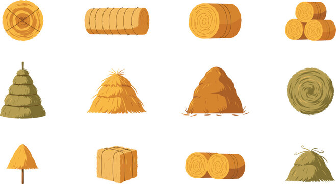 Agricultural Hay Bale and Haystack Vector Icon Set Featuring Round Cylindrical Square Straw Bundles and Dried Grass Piles for Countryside Farm Designs