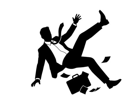 Silhouette of a businessman in a suit falling backwards with a briefcase and documents flying in the air on a white background