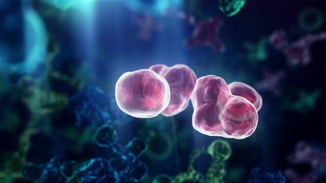 Neisseria bacteria floating in microscopic 3d animation with glowing background with glowing microscopic backdrop dynamic lighting effects cluster spherical neisseria