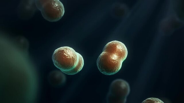 Floating animated microscopic bacteria cells in dark space with glowing texture with video showcases detailed 3D animation small drifting slowly