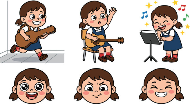 Little Girl Music Student Character Set with School Uniform Singing Playing Guitar and Expression Avatars for Kids Education Graphic Designs
