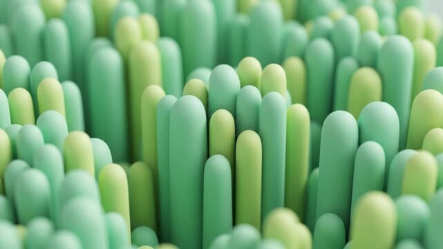ミントグリーンとライムのマットな流体が円柱状に隆起する幾何学的なマクロアブストラクト背景映像