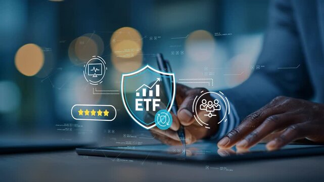 Financial independence through ETF investing with secure portfolio strategy, passive income planning, wealth creation and black businessman building long term assets