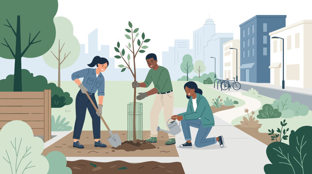 People planting a tree in an urban park, community gardening, green city