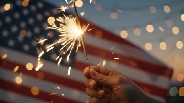 Hand Holding Glowing Sparkler with American Flag and String Lights Bokeh in Background for Veterans Day Celebration Concept