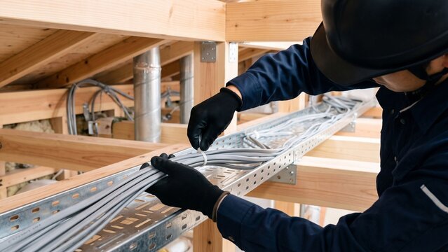 木造住宅の天井裏で金属製ケーブルラック上の電気配線を結束バンドで整理し、整然と固定するヘルメット姿の電気工事士