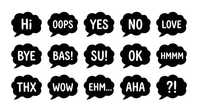 Vector illustration of set of speech bubbles with short expressions on a transparent background