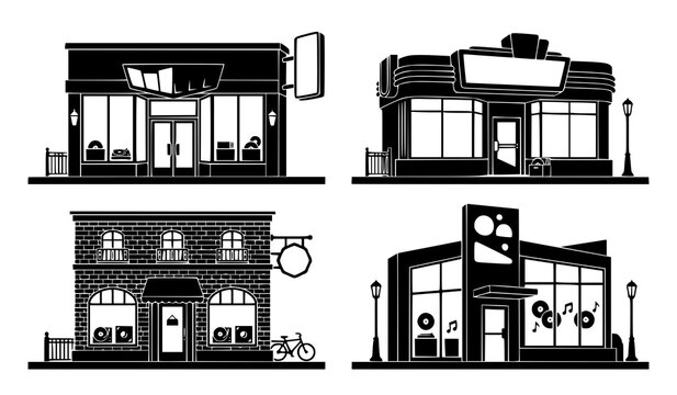 Retro vinyl record store and music shop front silhouette set for vintage audio retail business