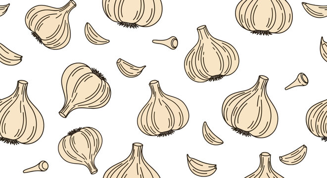 Seamless pattern of fresh garlic bulbs and cloves