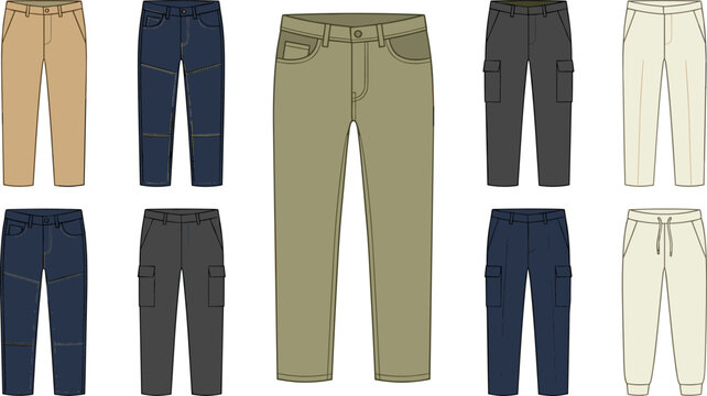 Men casual pants apparel vector illustration set showing diverse styles including denim jeans beige chinos cargo trousers sweatpants and khaki slacks isolated on white background