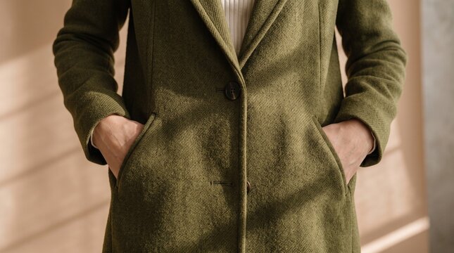 Woman casually tucking both hands into the pockets of a fitted olive-colored wool coat  