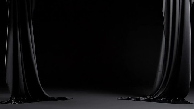 Black Fabric Curtains Opening on Dark Stage Background