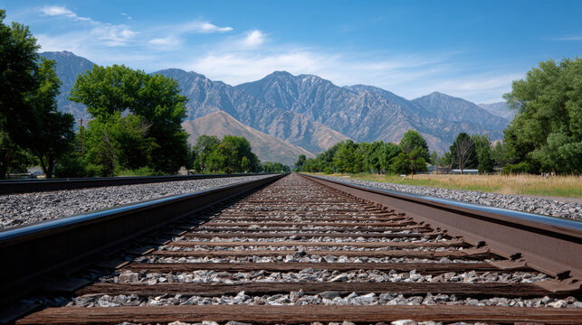 Train tracks stretching into the distance with majestic mountains under a clear blue sky, framed by lush green trees and fields