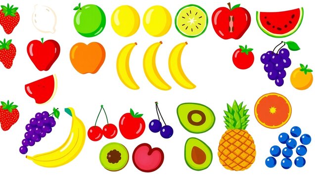 Set of colorful cartoon fruit icons including banana apple strawberry grape and pineapple