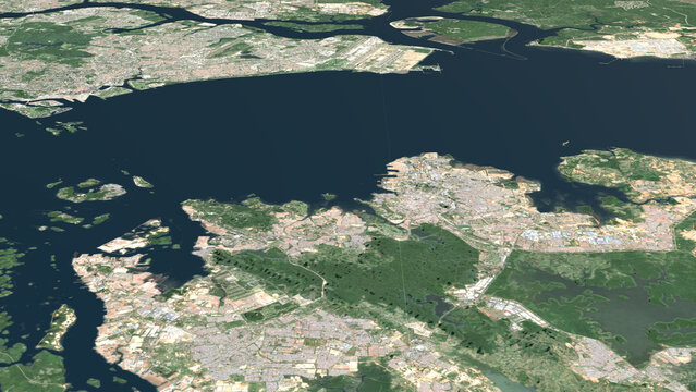 Oblique aerial 3D illustration of Batam City, Indonesia
