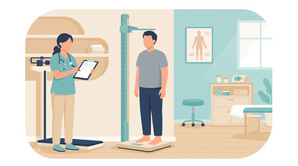 Fototapeta premium Doctor measuring patient's height and weight in medical examination room