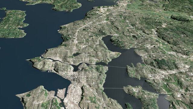 Oblique aerial 3D illustration of Seattle, United States of America