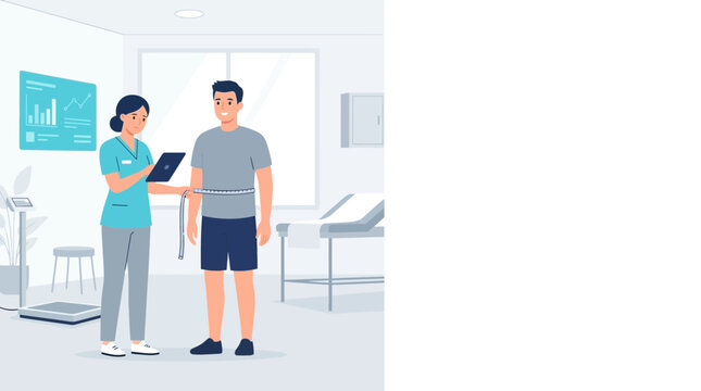 Doctor measuring man's waist circumference in clinic, weight loss concept