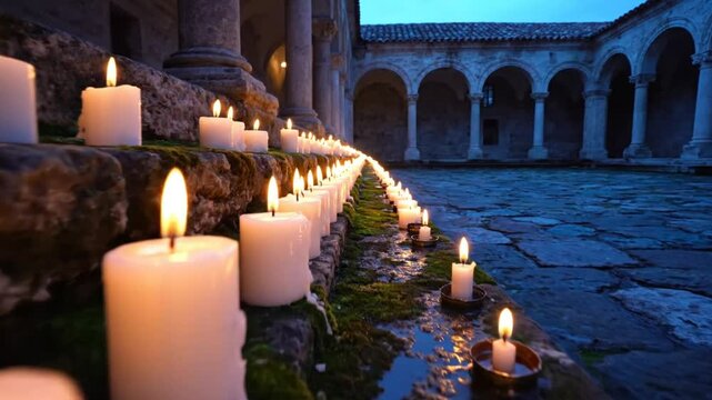 Low angle view of numerous candles lining mossy steps in a stone courtyard with arched colonnades at dusk