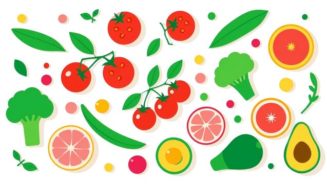 Fresh fruits and vegetables pattern with tomatoes broccoli grapefruit and avocado