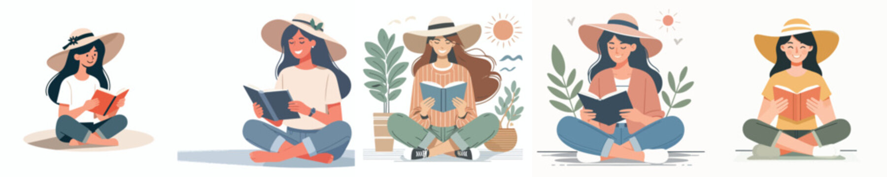 Vector illustration of a woman sitting on the floor reading a book with summer outfit