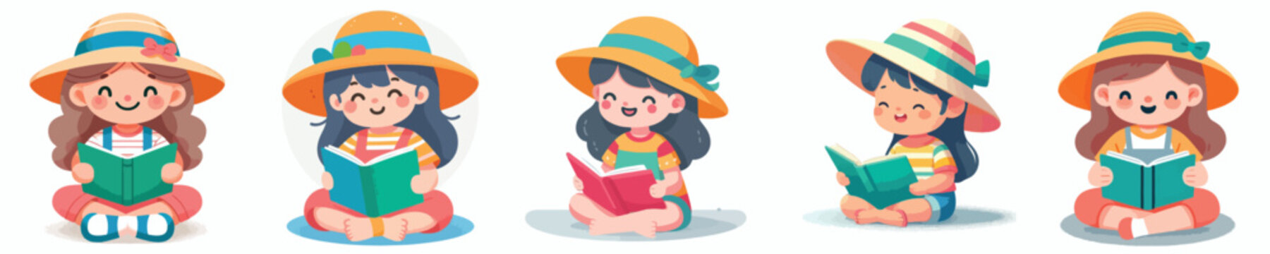 Vector illustration of a little girl sitting on the floor reading a book with summer outfit