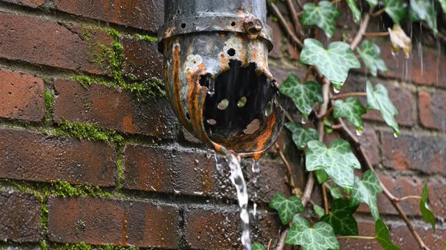 Rainwater pours from a damaged, corroded metal drainpipe attached to a brick wall with moss and ivy