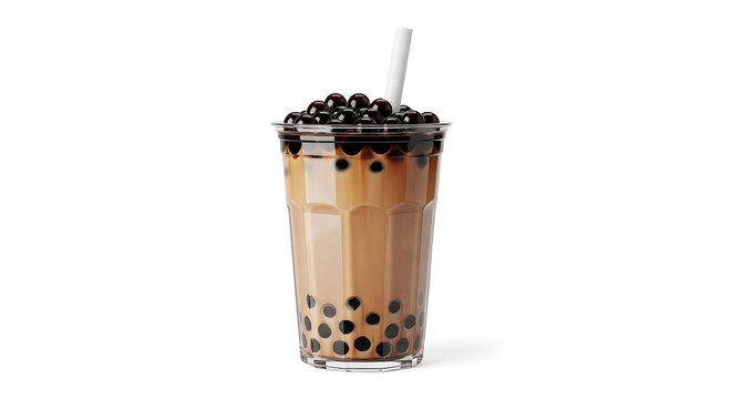 bubble tea with brown tapioca pearls plastic cup white background