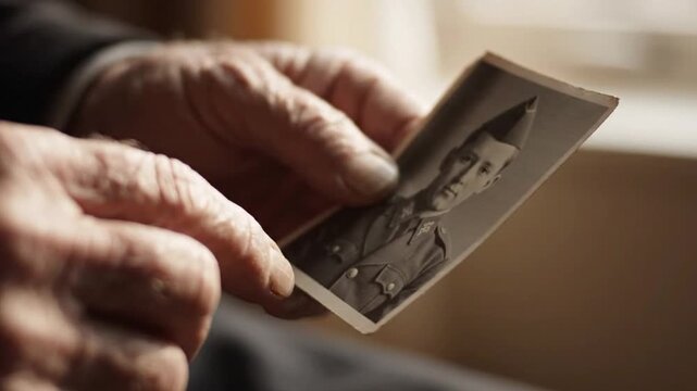Close Up Senior Military Veteran Hands Holding Old Vintage Photo of Young Soldier Veterans Day Concept